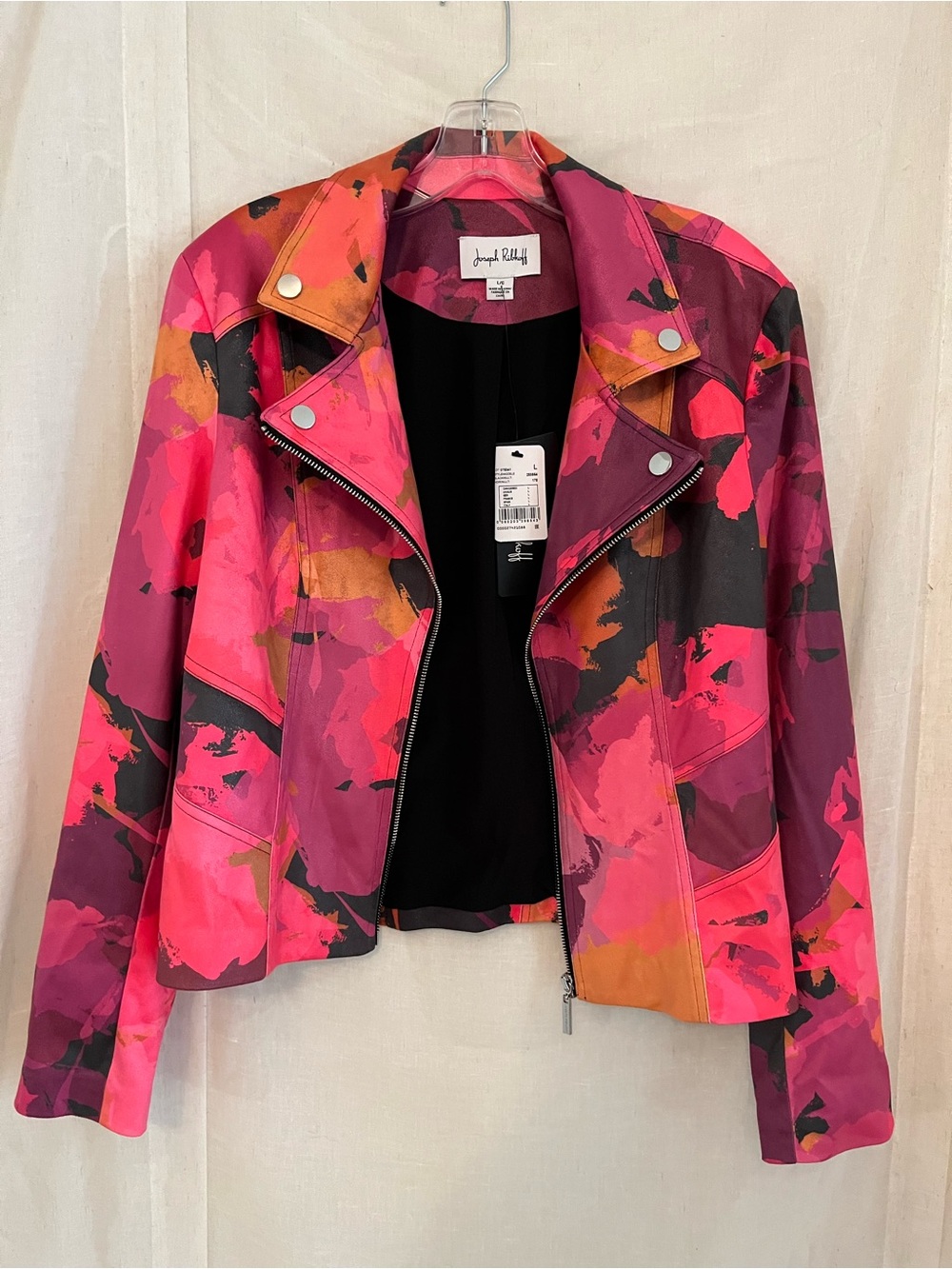Joseph Ribkoff Vibrant Pink & Orange Floral Moto Jacket
